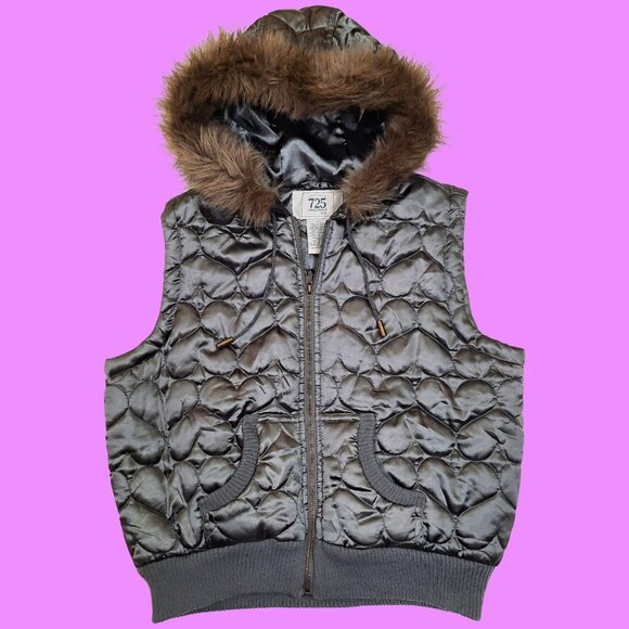 Vintage Y2K Puffer Vest Faux Fur Hood Size L Silver Grey Satin Quilted Hearts - Picture 1 of 8